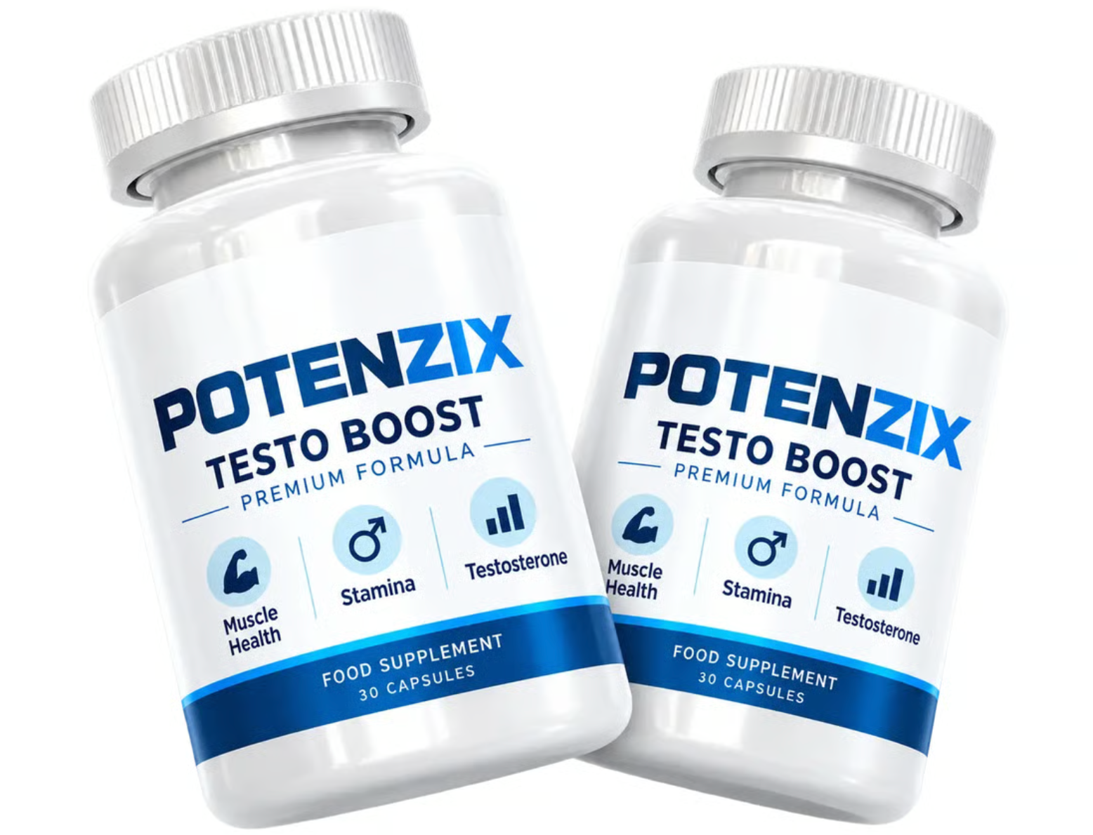 Two Potenzix Testo Boost bottles with Premium Formula and 30 Capsules printed on the supplied label