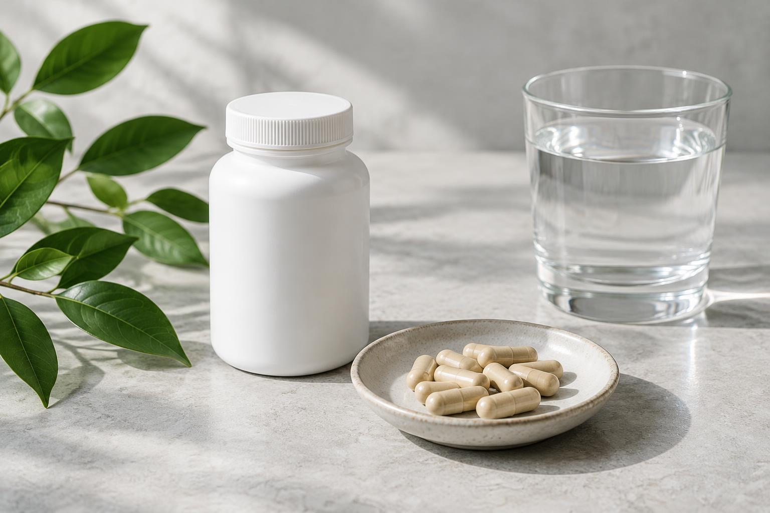 Illustrative supplement bottle, capsules and drinking water on a stone tabletop